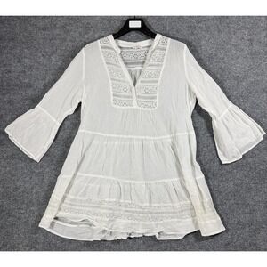 Cotton Bleu Dress Shirt Women XL Off-White Knit Cottage Bohemian